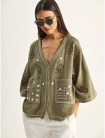 Geborduurde katoenen crêpe blouse met v-hals lucci