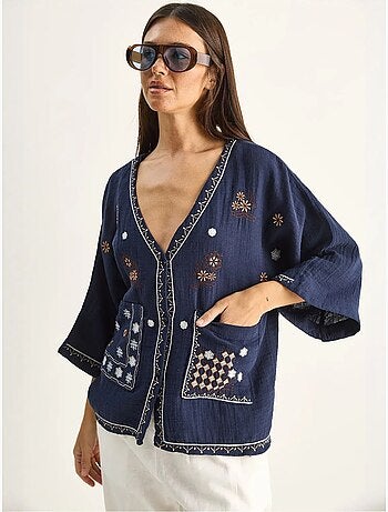 Geborduurde katoenen crêpe blouse met v-hals lucci