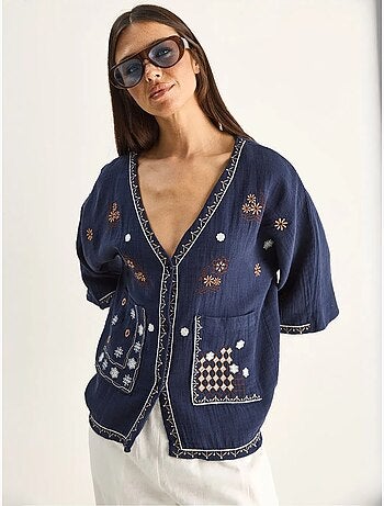 Geborduurde katoenen crêpe blouse met v-hals lucci