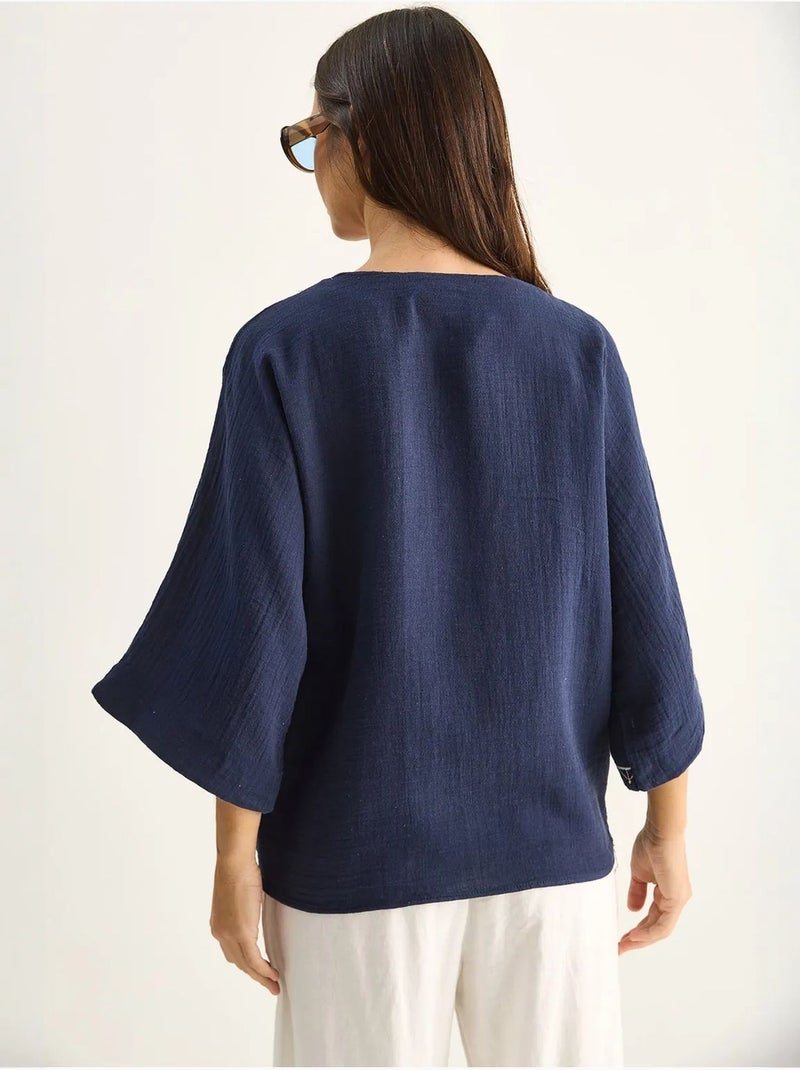 Geborduurde katoenen crêpe blouse met v-hals lucci Marineblauw - Kiabi