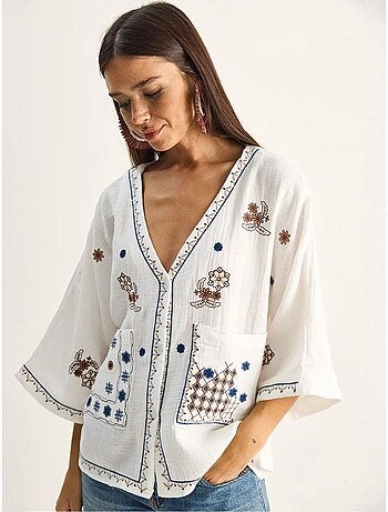 Geborduurde katoenen crêpe blouse met v-hals lucci