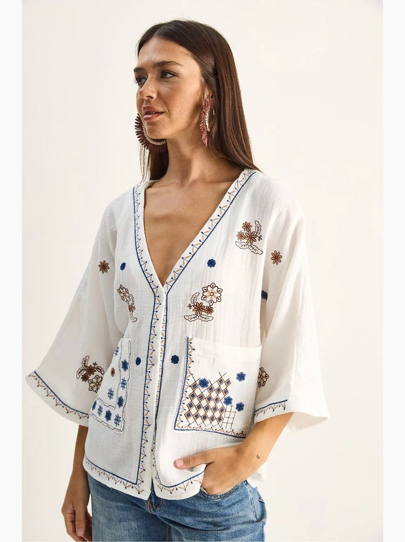 Geborduurde katoenen crêpe blouse met v-hals lucci Wit - Kiabi