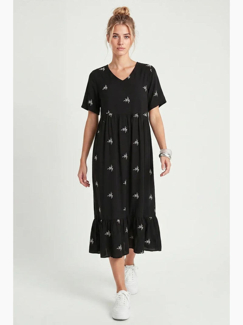 Geborduurde midi-jurk met v-hals istanbul Zwart - Kiabi