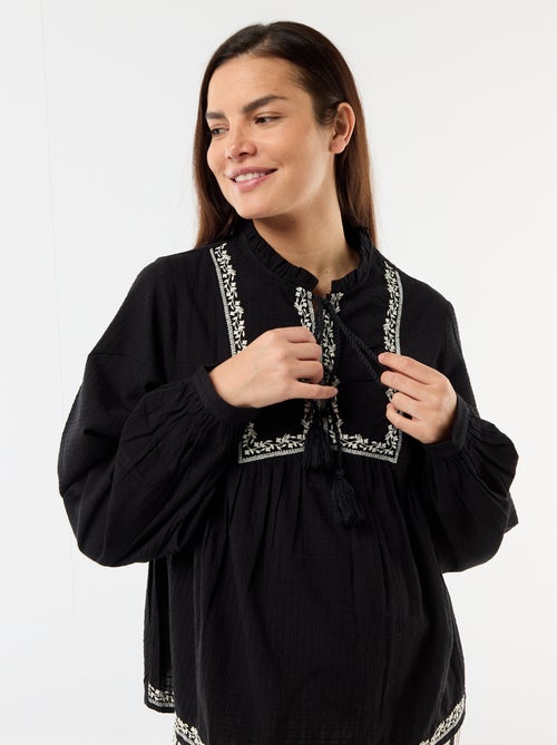 Geborduurde positieblouse van katoengaas - Kiabi
