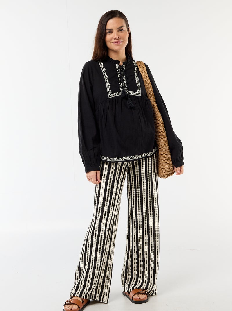 Geborduurde positieblouse van katoengaas Zwart - Kiabi