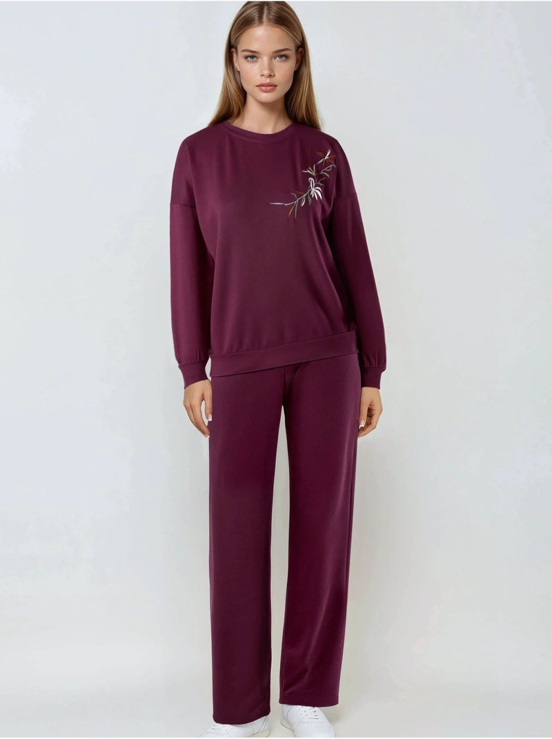 Geborduurde sweatshirt met ronde hals en broek met rechte pijpen tweedelige set hiccup Bordeauxrood - Kiabi