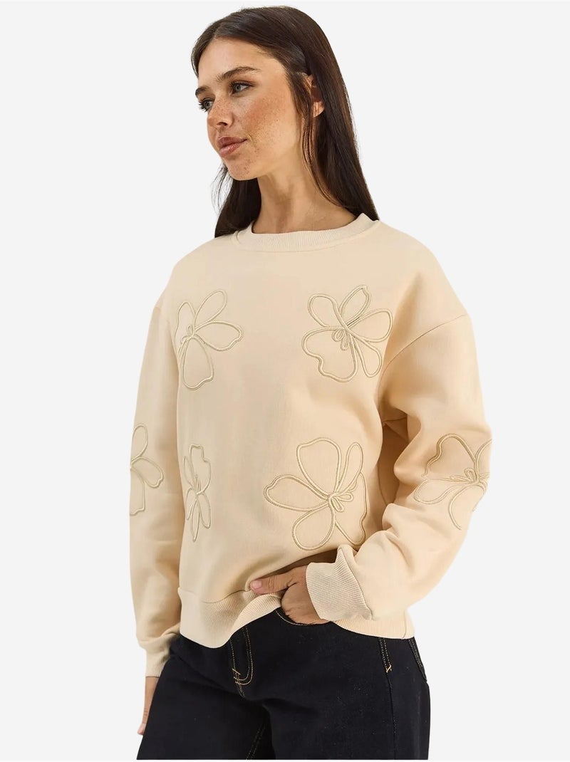 Geborduurde sweatshirt met ronde hals en lange mouwen lucci Klei-beige - Kiabi