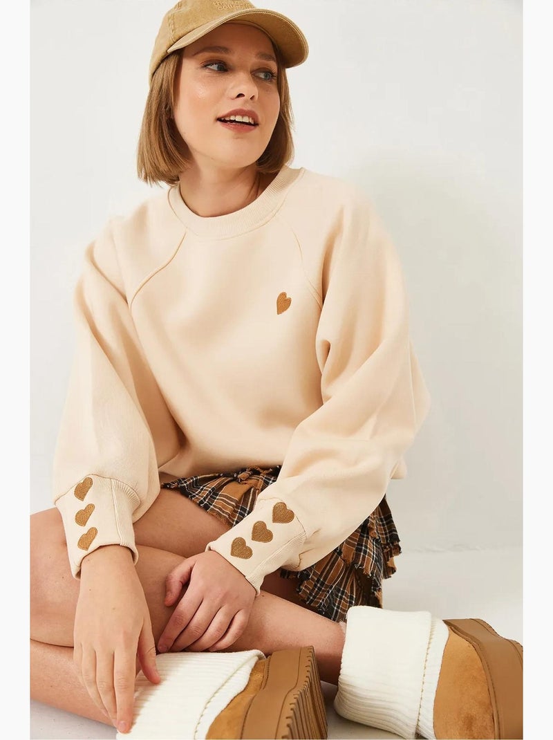 Geborduurde sweatshirt met ronde hals en lange mouwen lucci Klei-beige - Kiabi