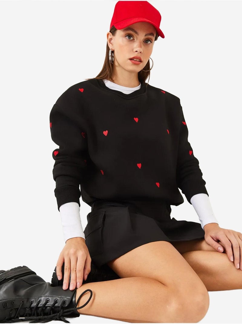 Geborduurde sweatshirt met ronde hals en relaxed fit lucci Zwart - Kiabi