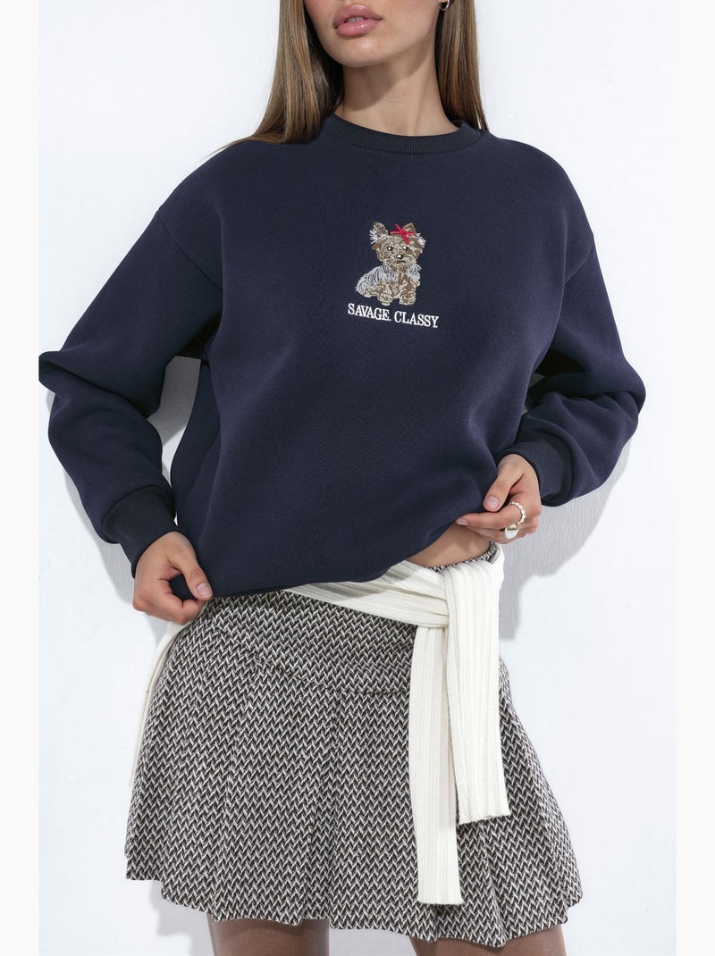 Geborduurde sweatshirt met ronde hals hiccup Marineblauw - Kiabi