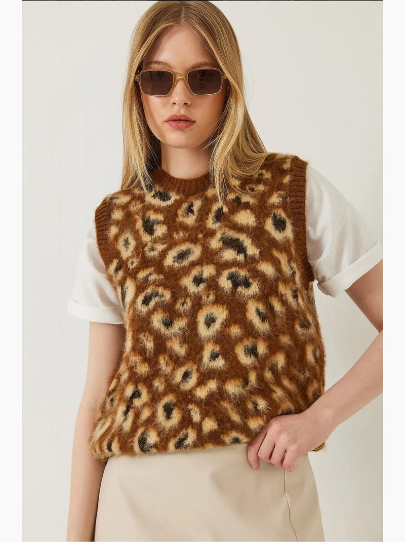 Geborsteld luipaardprint trui vest lucci Camel - Kiabi