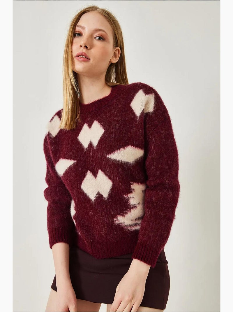 Geborstelde jacquard gebreide trui lucci Bordeauxrood - Kiabi