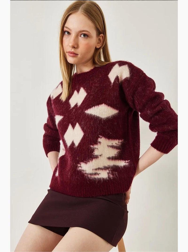 Geborstelde jacquard gebreide trui lucci Bordeauxrood - Kiabi