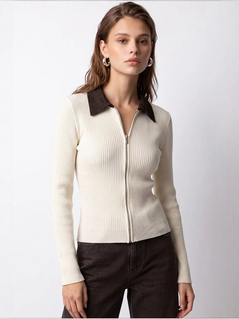 Gebreid damesvest mixray Crème - Kiabi
