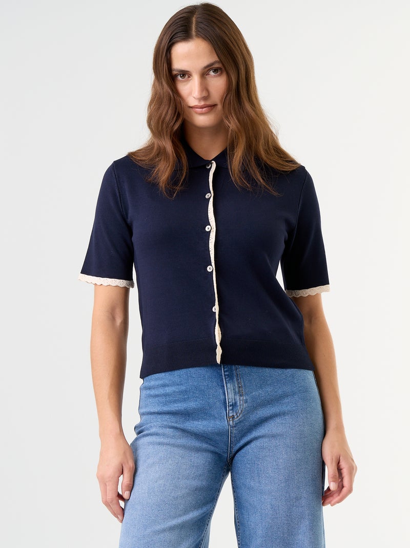 Gebreid gilet met korte mouwen en kant Blauw - Kiabi