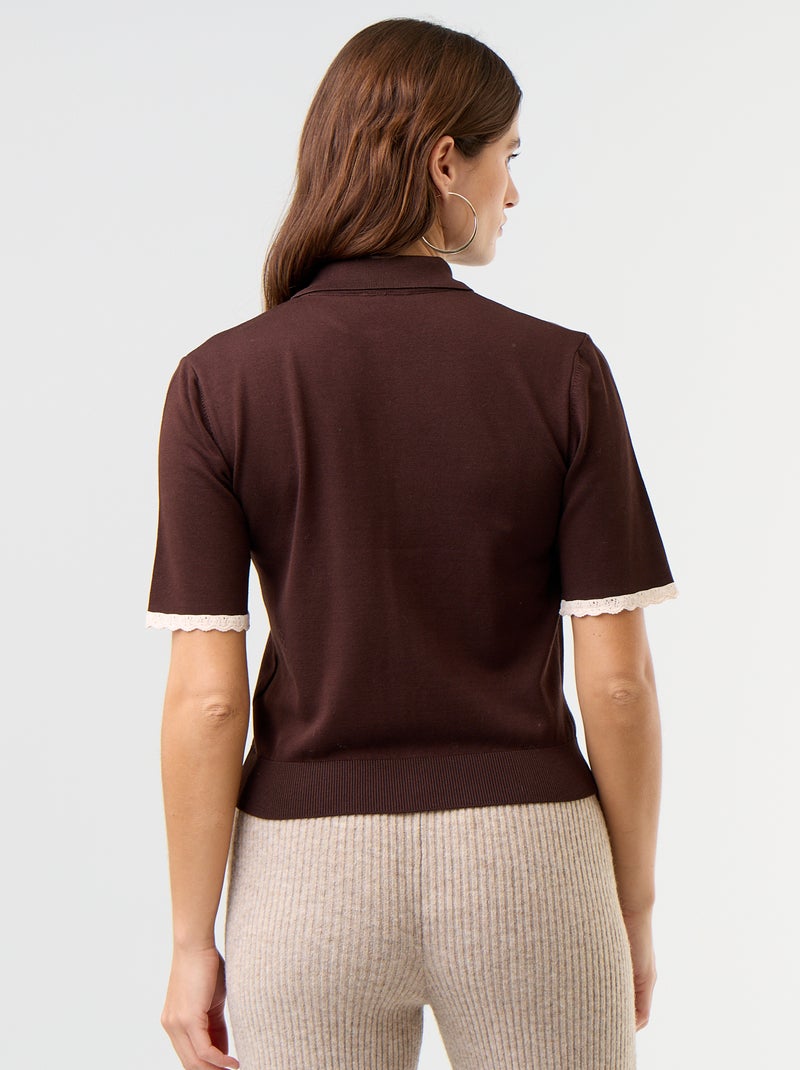 Gebreid gilet met korte mouwen en kant Bruin - Kiabi