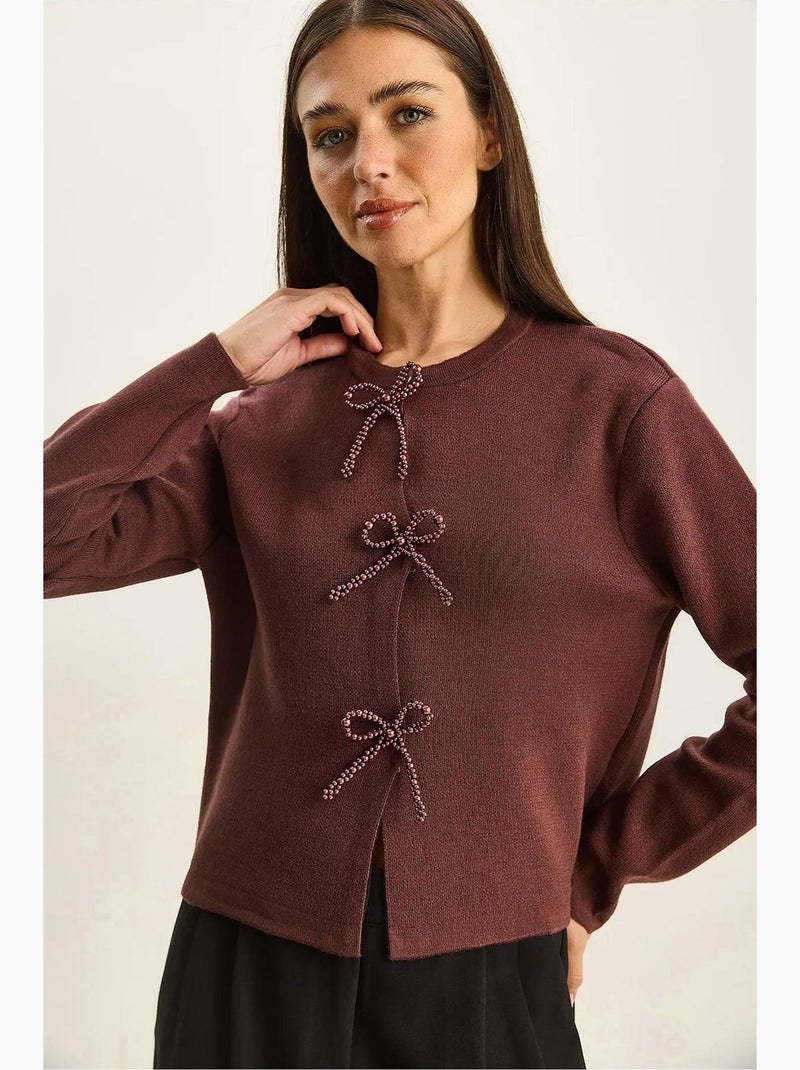 Gebreid vest met ronde hals en strikdetail lucci Bordeauxrood - Kiabi