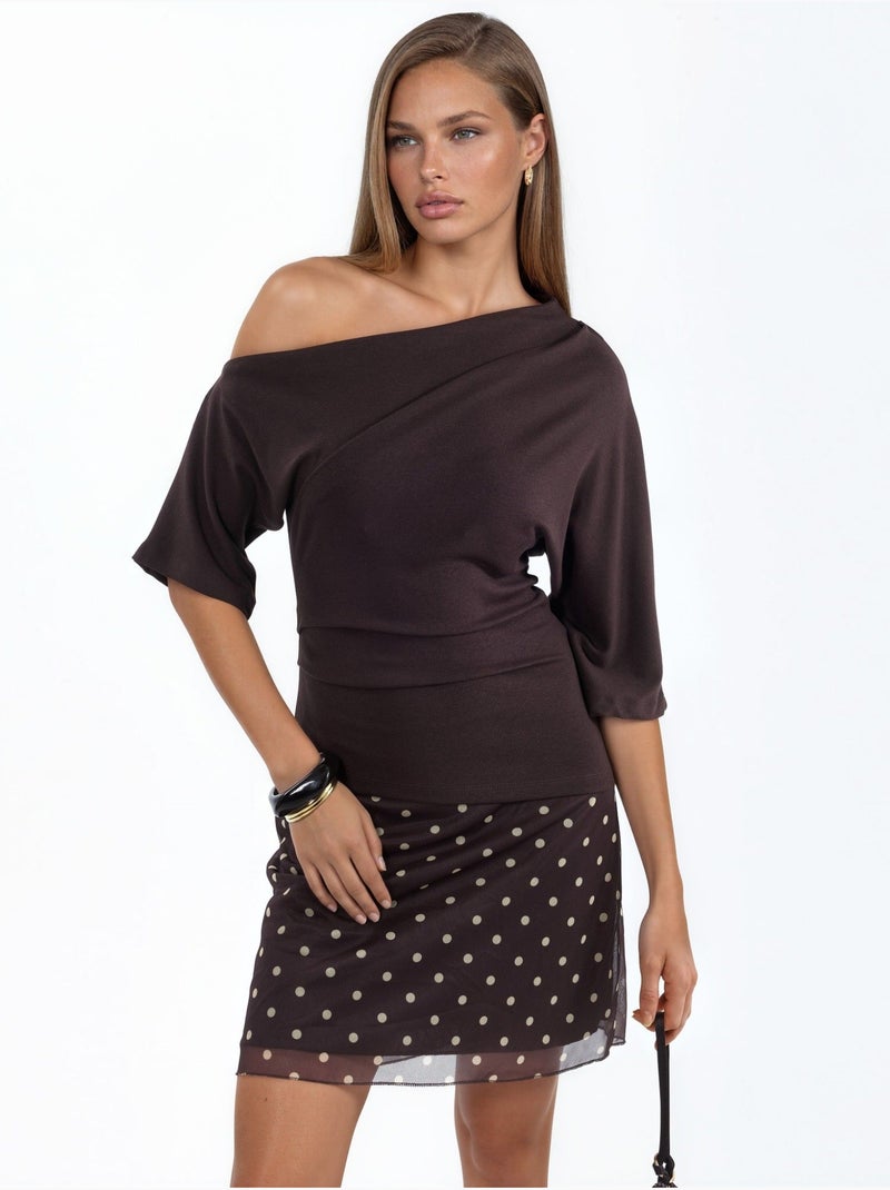 Gebreide blouse met korte mouwen en boothals voor dames busem Chocoladebruin - Kiabi