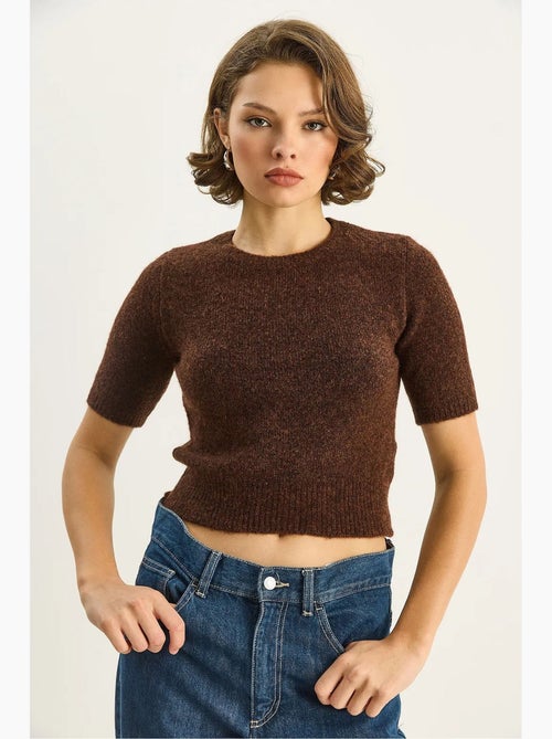 Gebreide cropped trui met ronde hals en korte mouwen lucci - Kiabi