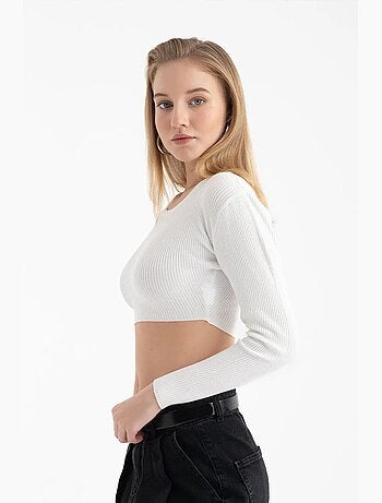 Gebreide geribbelde crop top met ronde hals en lange mouwen