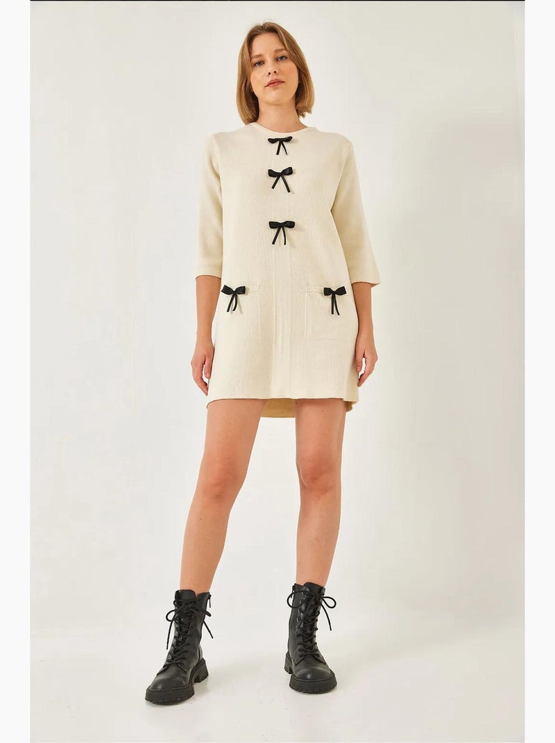 Gebreide jurk met strikdetail lucci Klei-beige - Kiabi
