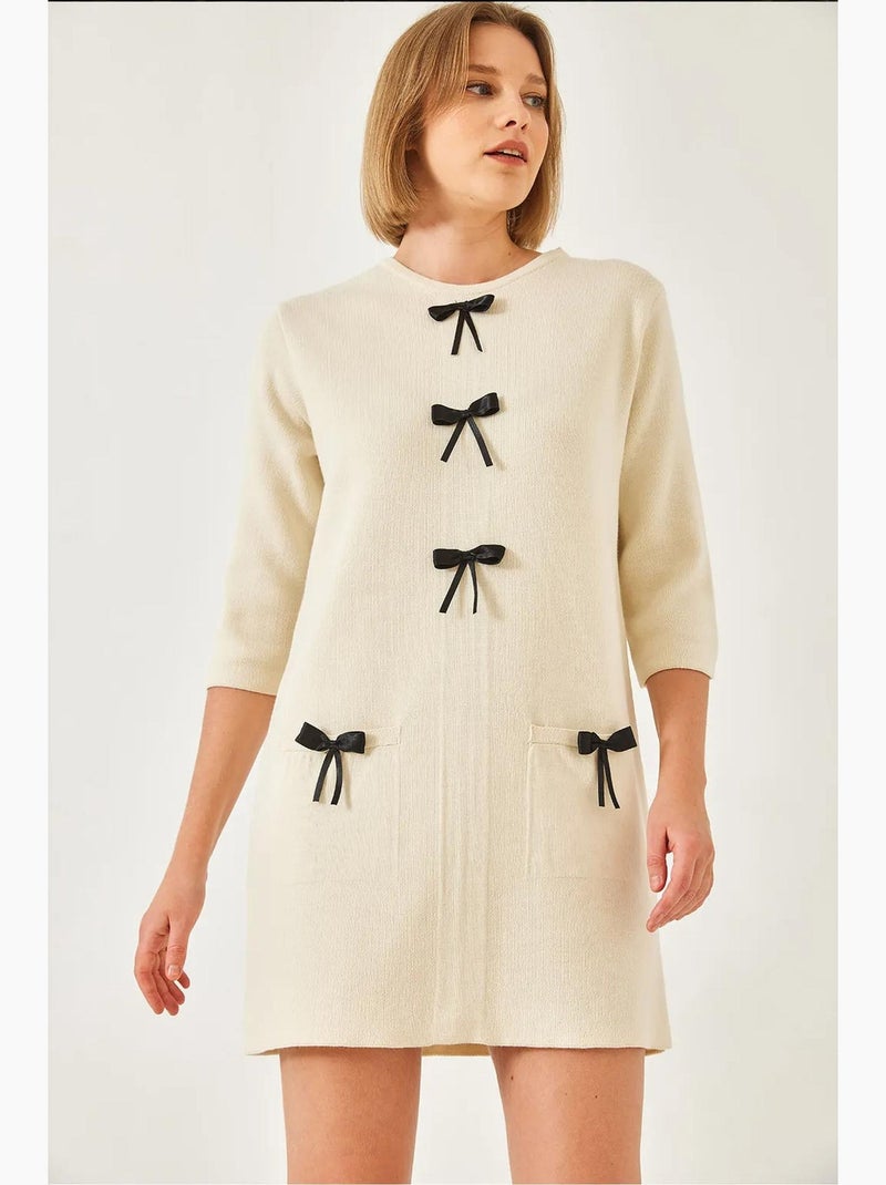 Gebreide jurk met strikdetail lucci Klei-beige - Kiabi