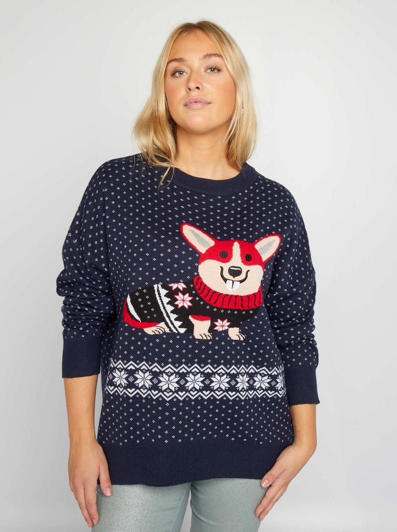 Gebreide kersttrui met hondje BLAUW - Kiabi