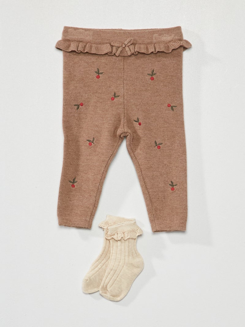 Gebreide legging met borduursel + sokjes - 2-delig BRUIN - Kiabi