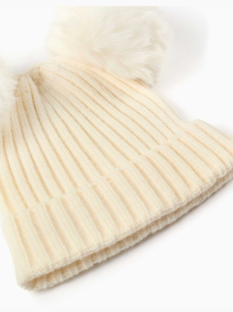 Gebreide ribmuts met pompons Wit - Kiabi