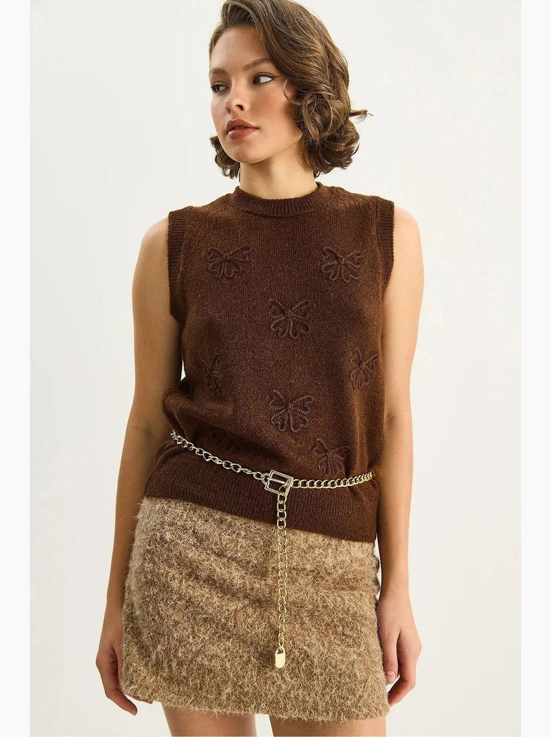 Gebreide sweater-vest met borduursel lucci Donkerbruin - Kiabi