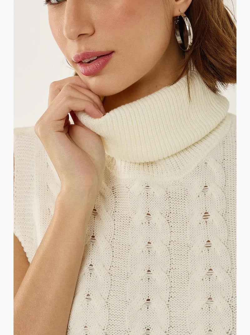 Gebreide trui-gilet met col en haarvlechtpatroon hiccup Wit - Kiabi