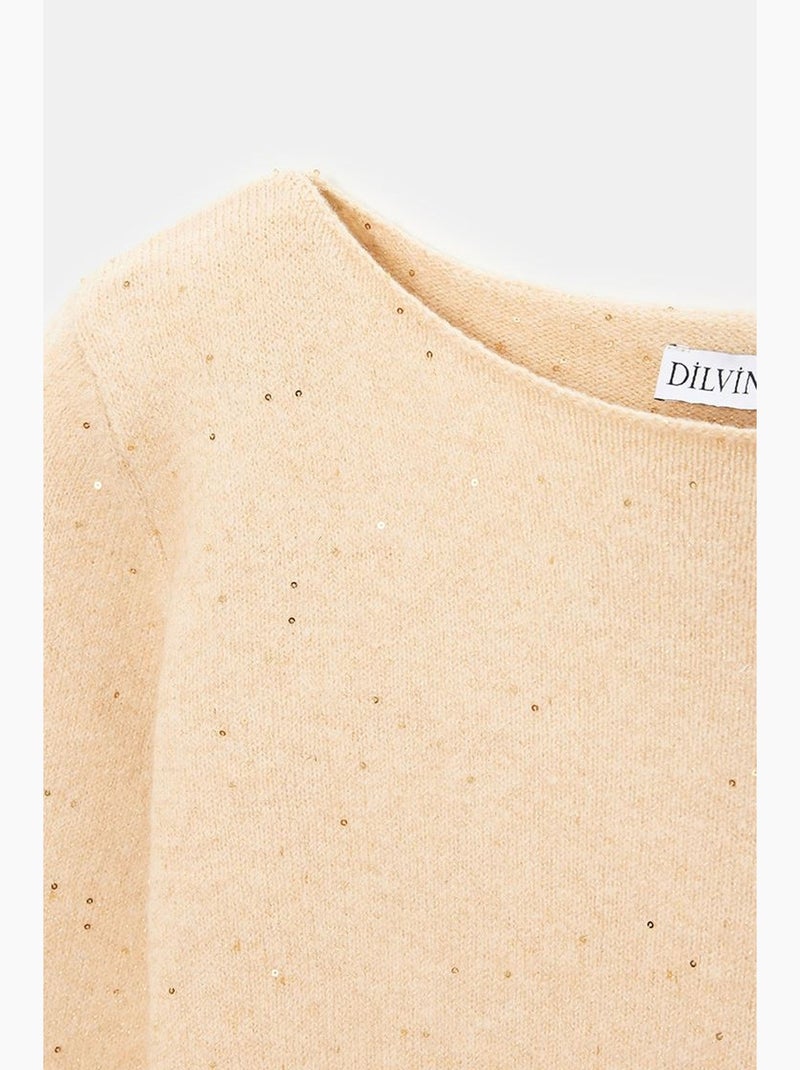 Gebreide trui met boothals en pailletten dilvin Natuurlijk beige - Kiabi