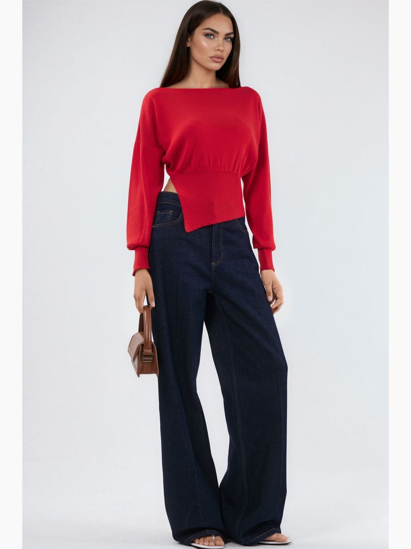 Gebreide trui met boothals in gemerceriseerde look met splitdetail hiccup Rood - Kiabi