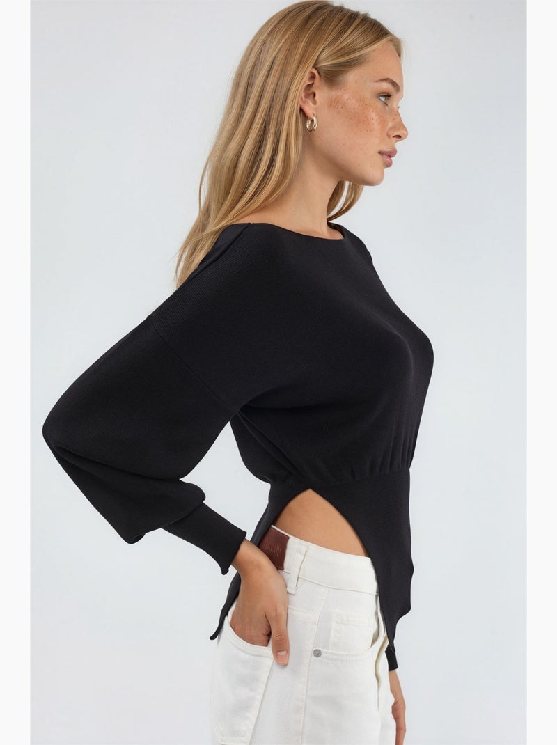 Gebreide trui met boothals in gemerceriseerde look met splitdetail hiccup Zwart - Kiabi