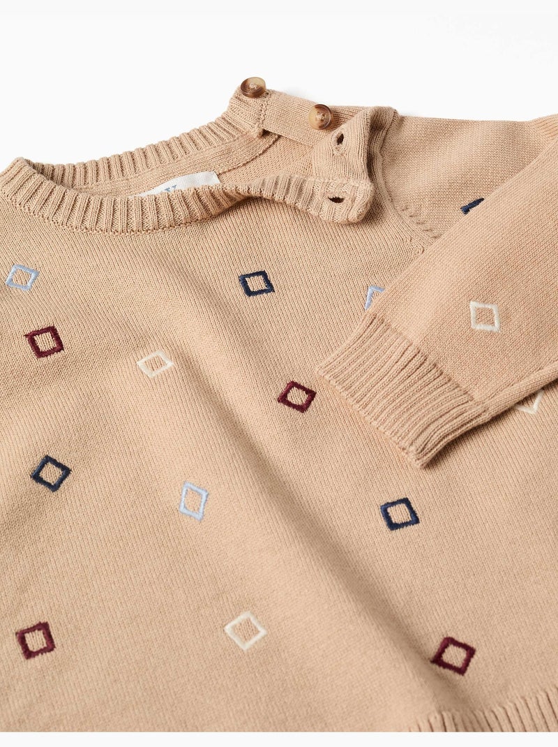 Gebreide trui met geborduurde vierkanten Beige - Kiabi