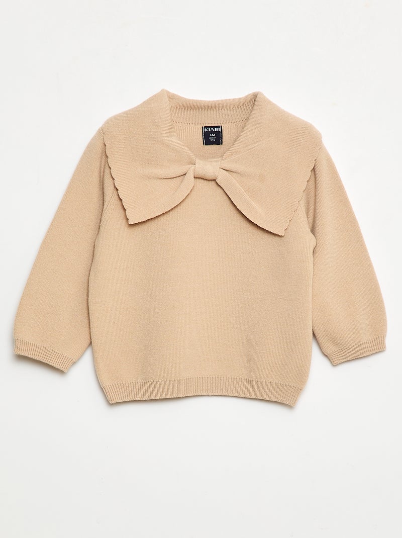Klein Baby Oxford Tan Romper Met Kraag - Lange Mouw - Beige