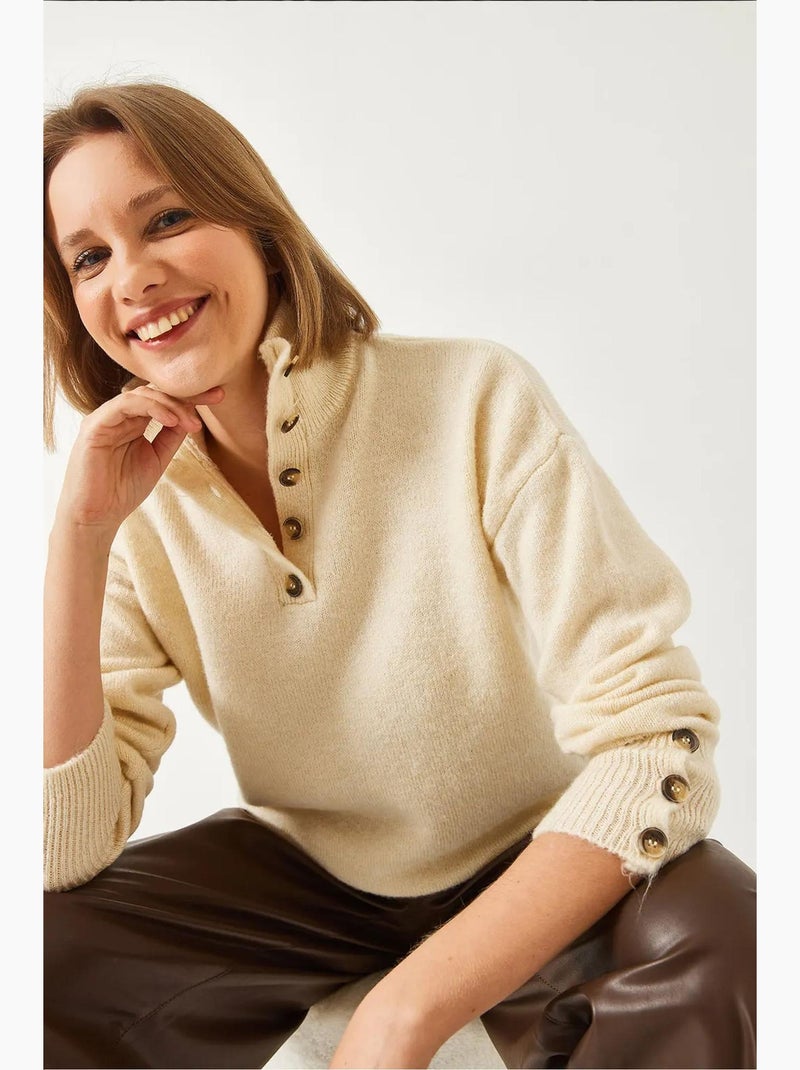 Gebreide trui met knoopjesmouwen lucci Klei-beige - Kiabi
