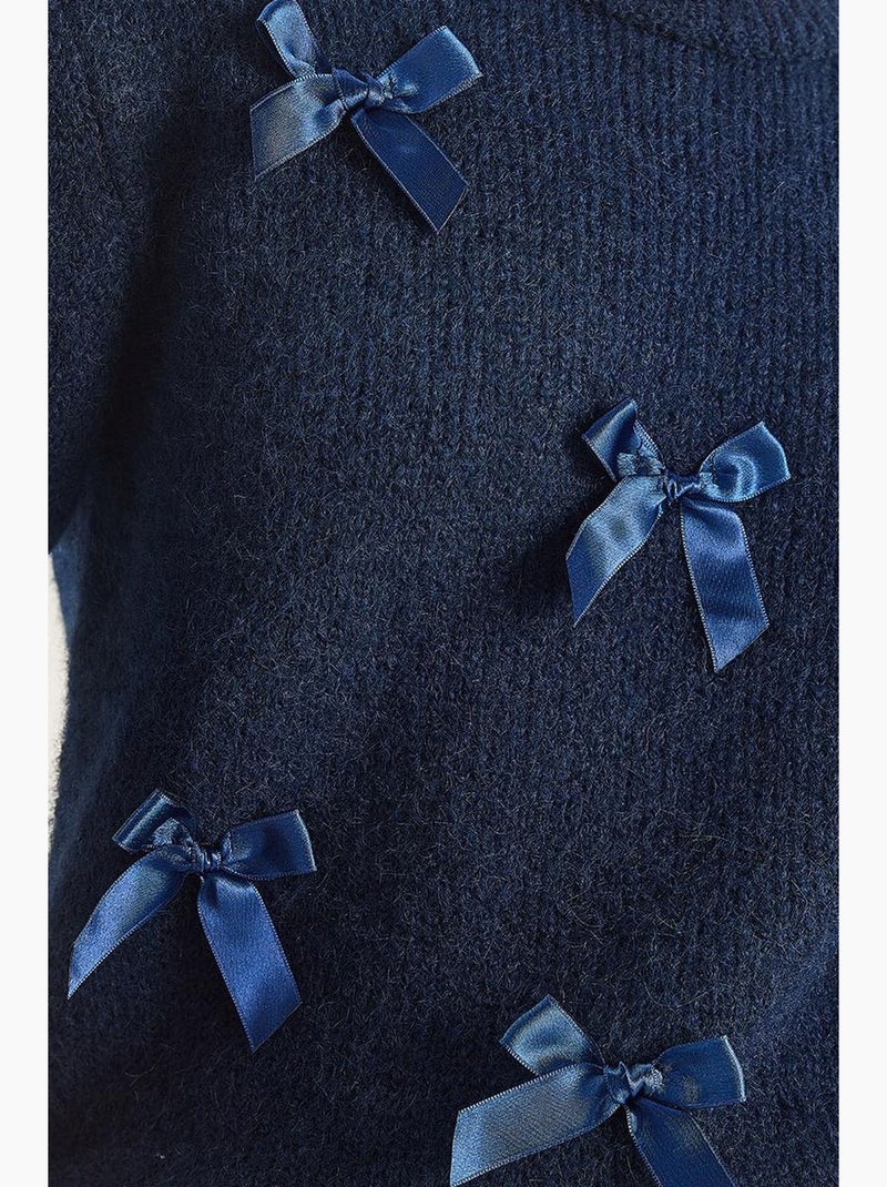 Gebreide trui met ronde hals en strik lucci Marineblauw - Kiabi