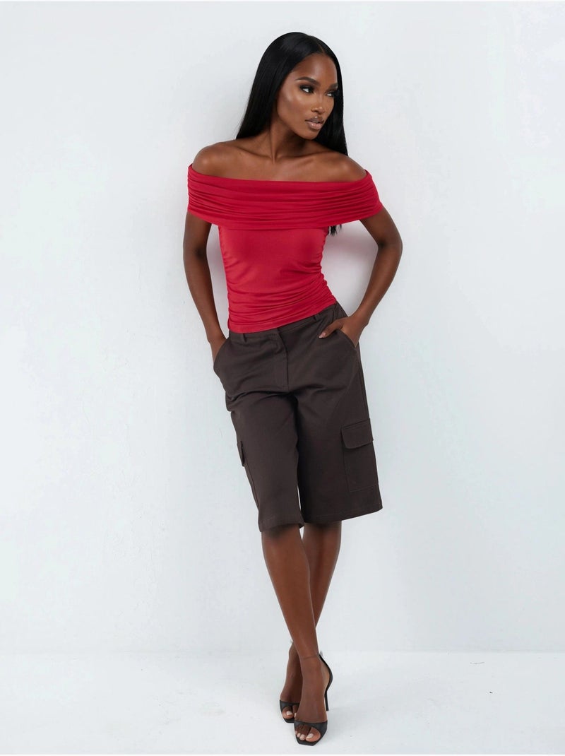 Gedrapeerde blouse met blote schouders busem Rood - Kiabi