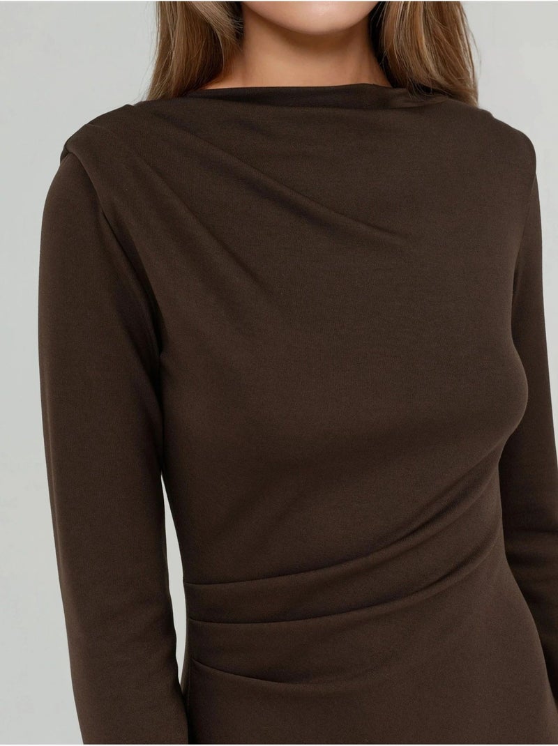 Gedrapeerde mini-jurk met ronde hals hiccup Donkerbruin - Kiabi