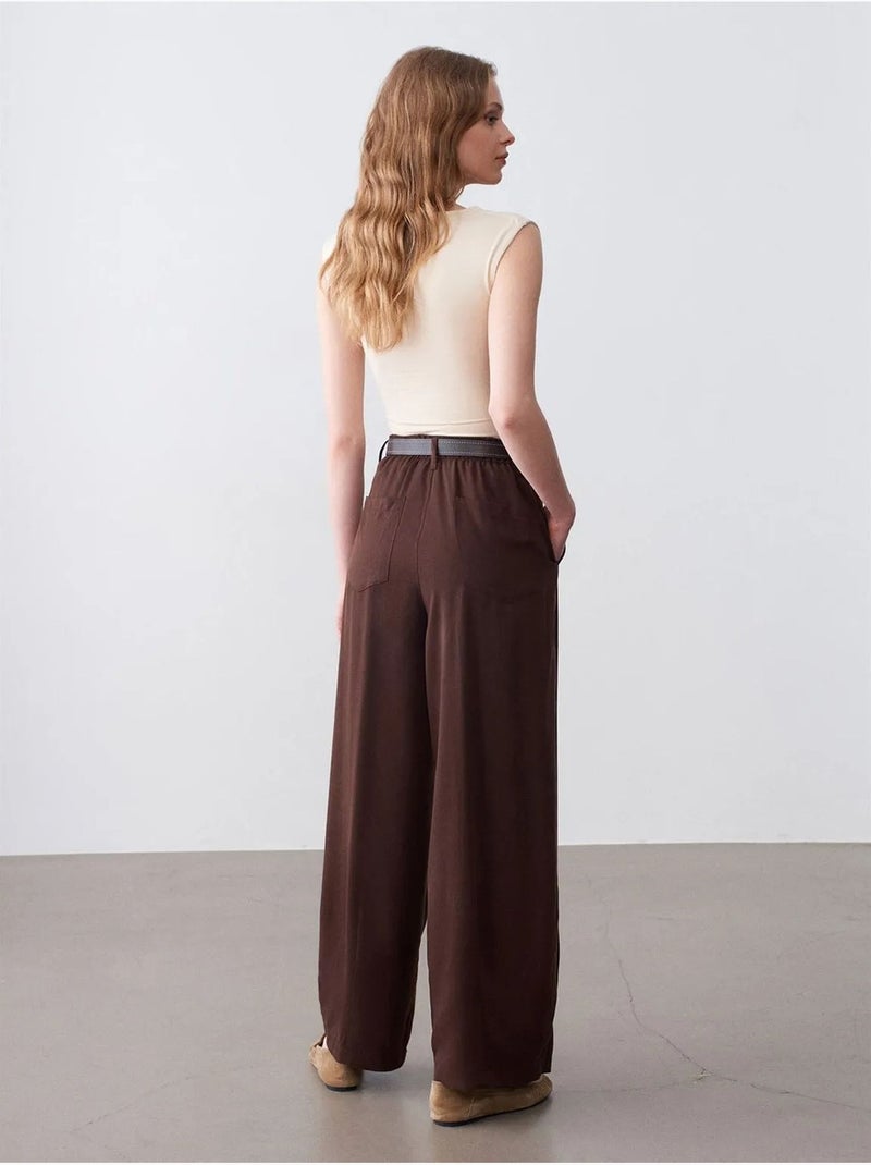 Geplooide Broek Met Wijde Pijp Chocoladebruin - Kiabi