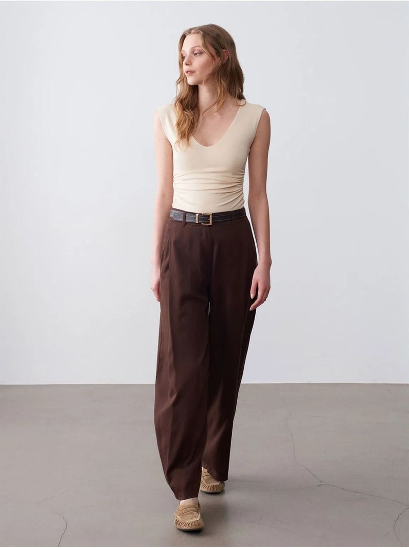 Geplooide Broek Met Wijde Pijp Chocoladebruin - Kiabi