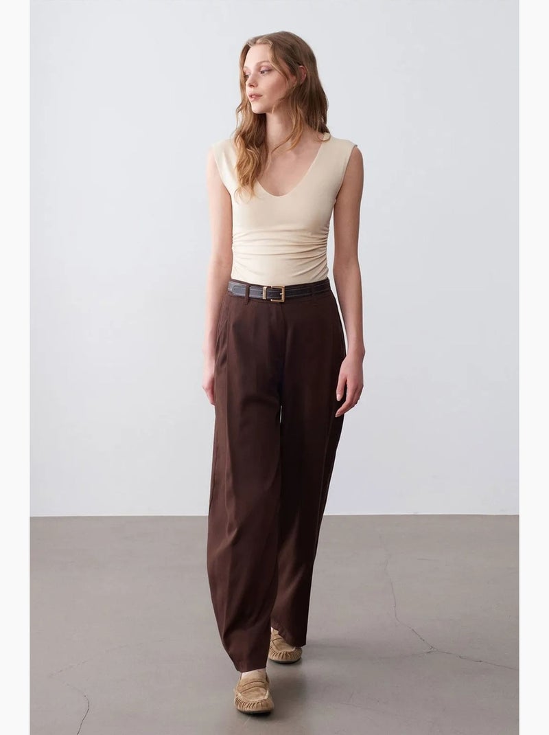 Geplooide broek met wijde pijp dilvin Chocoladebruin - Kiabi