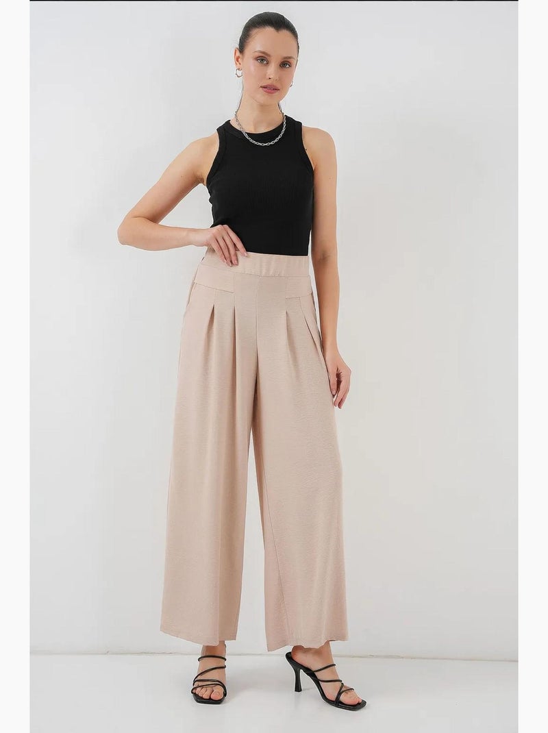 Geplooide crêpe broek met wijde pijpen bdart Crème - Kiabi
