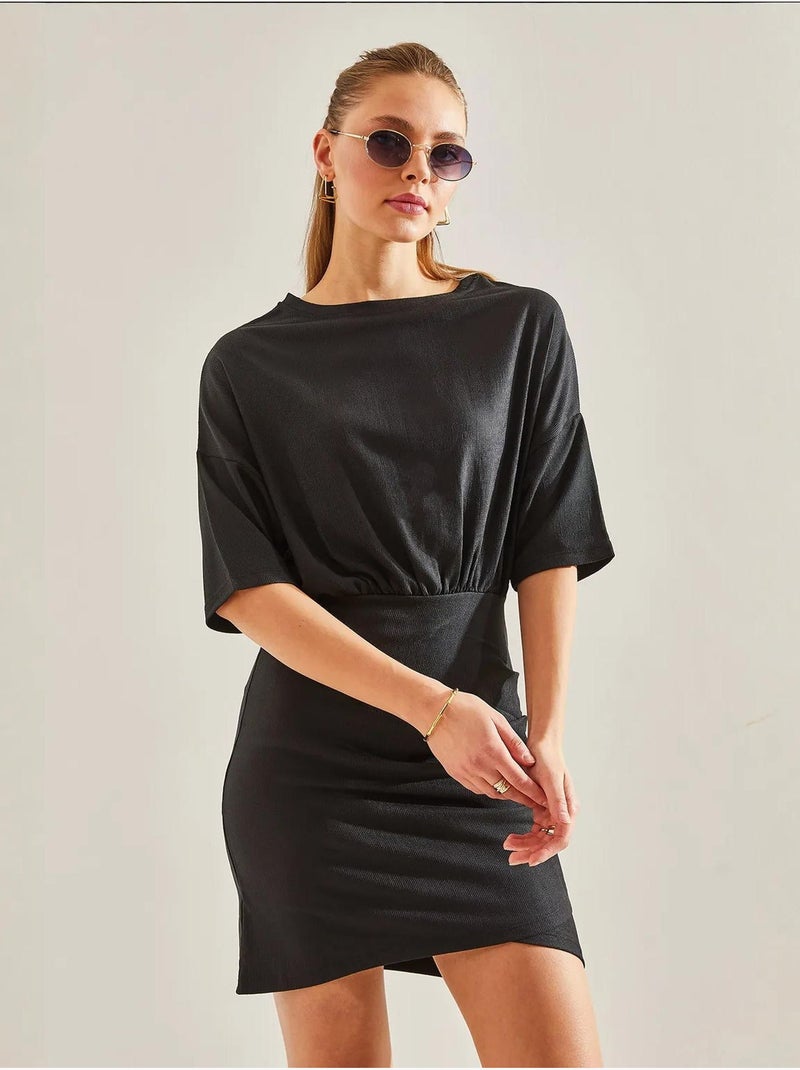 Geplooide jurk met elastische taille lucci Zwart - Kiabi