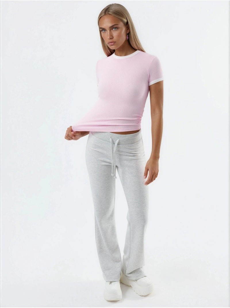 Geribbeld t-shirt met korte mouwen en ronde hals busem Bleekroze - Kiabi