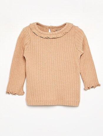 Geribbeld T-shirt met ruches aan de mouwen en kraag