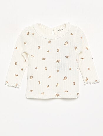 Geribbeld T-shirt met ruches aan de mouwen en kraag