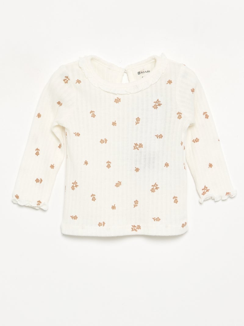Geribbeld T-shirt met ruches aan de mouwen en kraag Biege - Kiabi