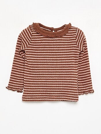 Geribbeld T-shirt met ruches aan de mouwen en kraag
